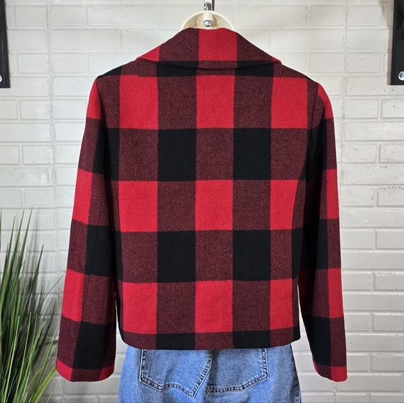 J. Crew Red Buffalo Plaid Double Breasted Cropped Pea Coat Jacket Small Or 6 - Picture 6 of 13